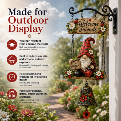 Ladybug Gnome Welcome Hanging Bell Decor – Rustic Porch & Garden Wall Ornament