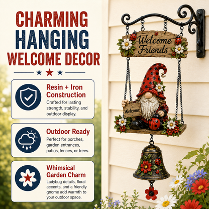 Ladybug Gnome Welcome Hanging Bell Decor – Rustic Porch & Garden Wall Ornament
