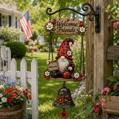 Ladybug Gnome Welcome Hanging Bell Decor – Rustic Porch & Garden Wall Ornament